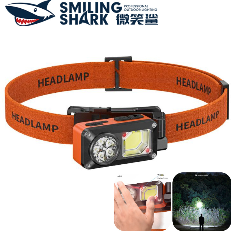 SMILING SHARK Rechargeable Headlight LED*5+COB Induction Head Lamp 6Mode Foldable Adjustment Type-c Outdoor Work Light Waterproof Emergency Fishing TD0280