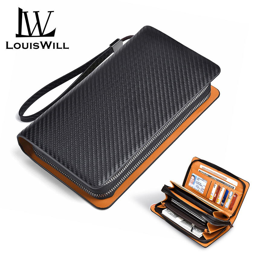 Louiswill Ví người đàn ông ví thời trang nam giới của túi ví cầm tay túi xách ví dài PU Ví sức chứa lớn notecase Kiểu sợi Carbon Ví kinh doanh túi nhỏ túi đồ đựng Thẻ Ví đựng xu khoá kéo đôi túi tiền