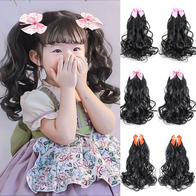2 chiếc tóc giả đuôi ngựa trẻ em có nơ xoăn tổng hợp phần tóc nối đuôi ngựa kẹp tóc