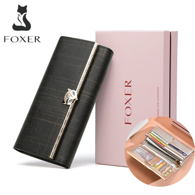 Foxer thương hiệu phụ nữ chia da Ví dài Lady Túi ly hợp sang trọng ví tiền xu nữ thời trang chủ thẻ tín dụng cho phụ nữ