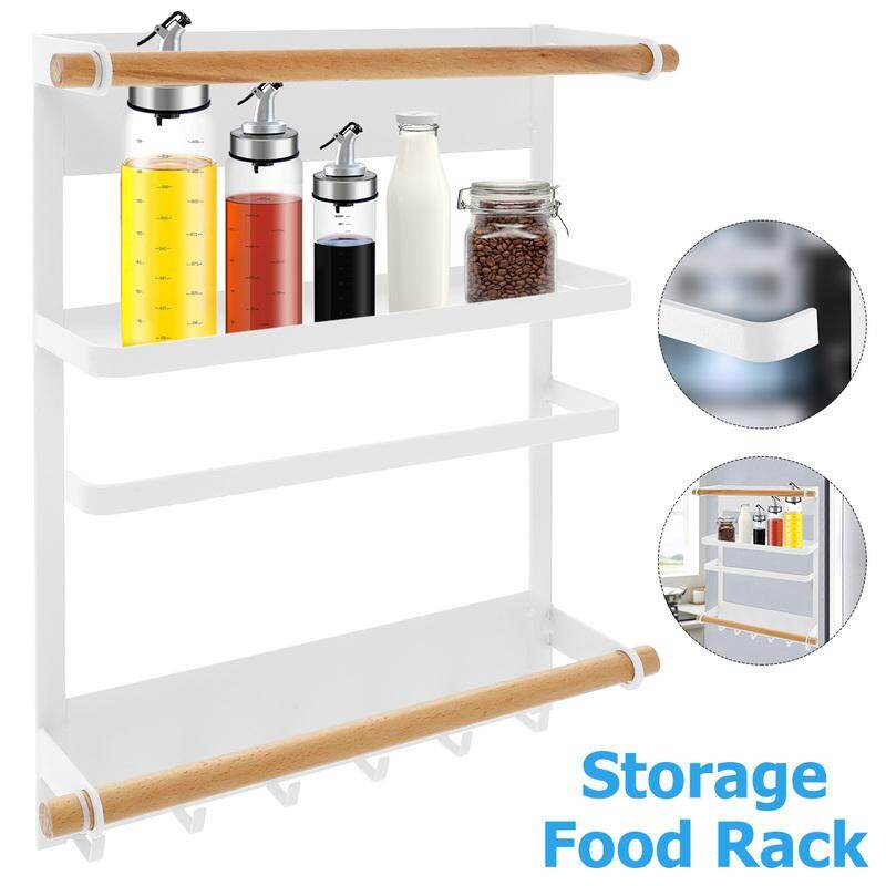 Gambar Fridge Side Organisers Magnetic Fridge Shelf Refrigerator Magnetic Storage Shelf Kitchen Shelf Organizer with Paper Towel Holder And 6 Hooks Spice Rack Organizer Towel Hanger Tissue Holder White Magnetic Fridge Organiser