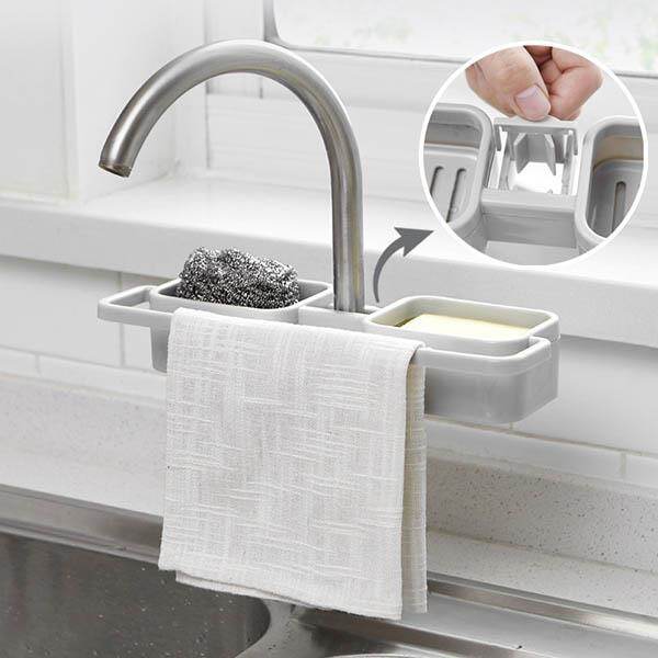 Gambar Storage Organizer for Kitchen Sink Faucet Sponge Soap Cloth Drain Rack Holder Shelf No Drills Required B99