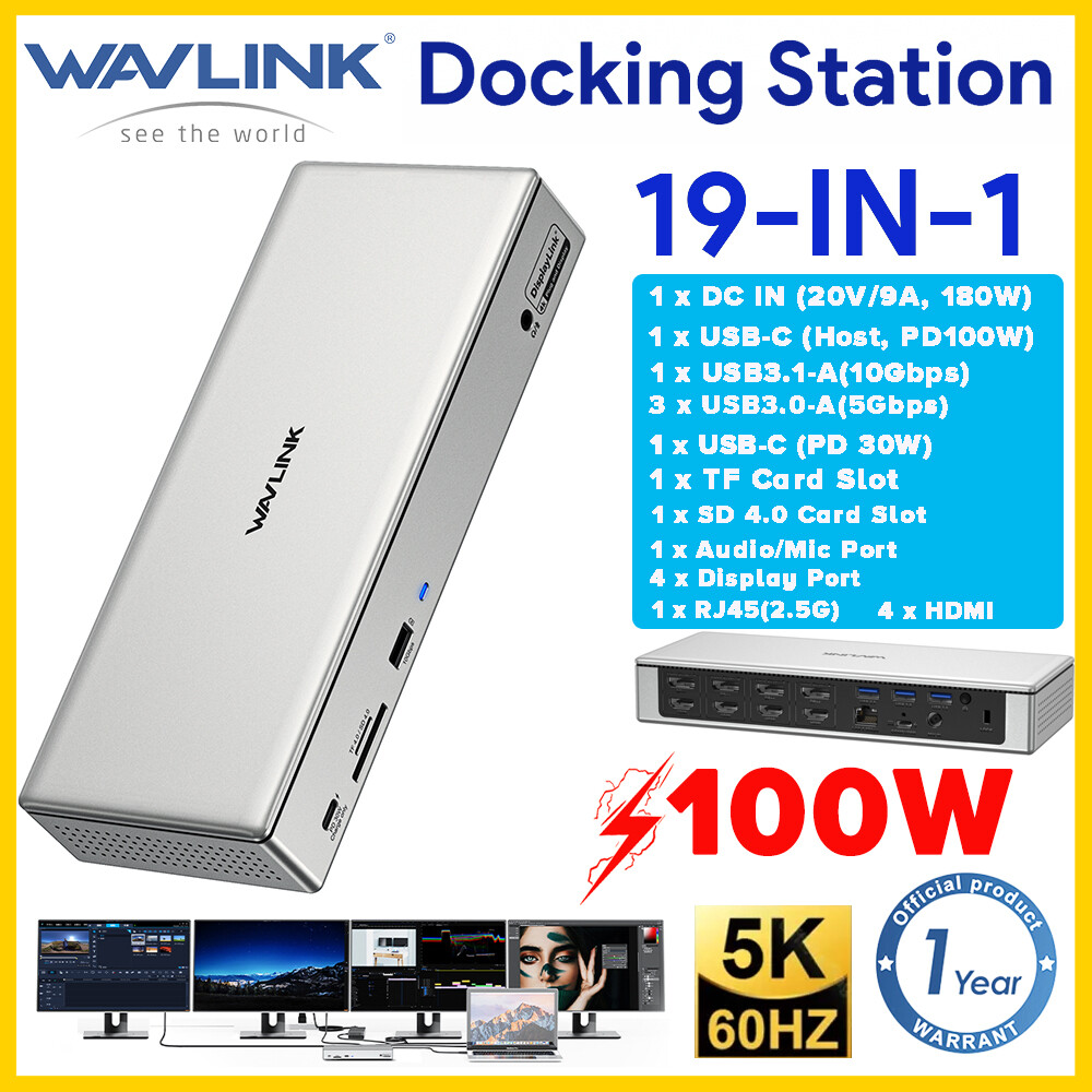 Wavlink 19-in-1 Universal Docking StationQuad Monitor with HDMI PD RJ45 USB-C/A SD 4.0 Card TF Card Audio/Microphone Multiport USB C/USB Hub Support PD100W for M1, M2 Mac and Windows Laptops - ยี่ห้อ Wavlink ราคา 10,378 บาท*ส่งฟรี