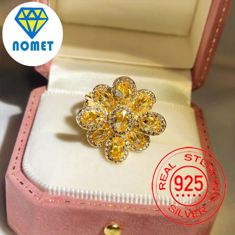 Trang sức nữ cá tính ba chiều citrine nhẫn hoa nhẫn mở