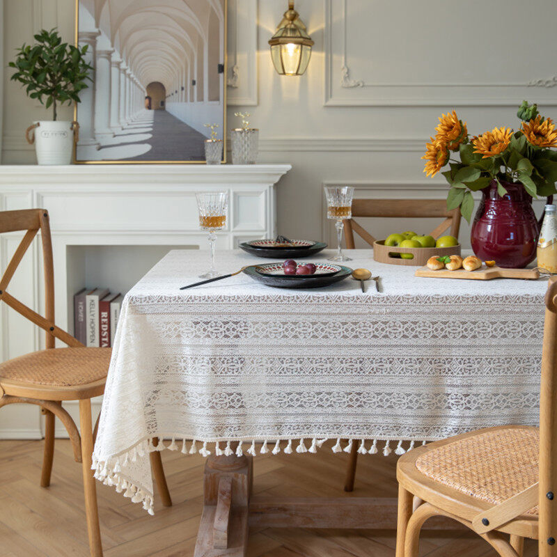 Gambar ?? Ready Stock?? French Romance Beige Hollow Lace Crochet Rectangular Tablecloth Cover Scarf