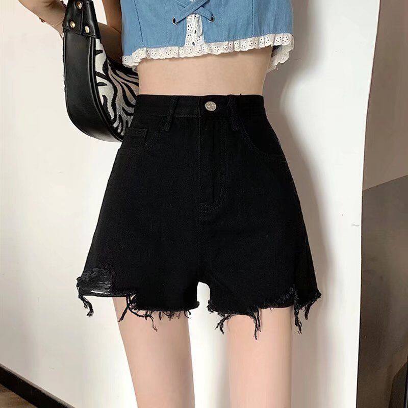 Large size denim shorts women's summer hot girl 2022 new thin loose and thin A-line raw edge black high waist hot pants