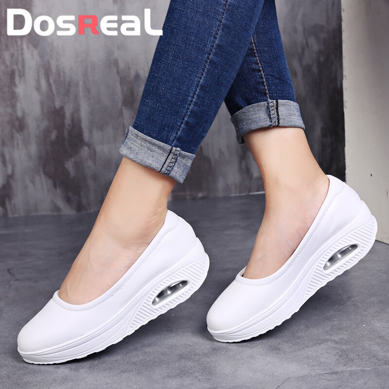 DOSREAL Nurse Shoes White Leather Loafers for Women Casual Shoes Thick