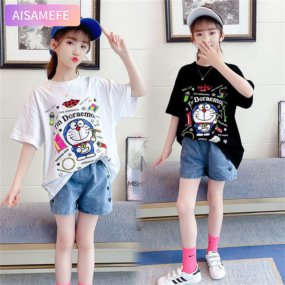 AISAMEFE Summer Girls White Spot Medium and Large Kids Wear Long T-shirt Moisture wicking Cartoon Anime Round Neck Cotton Fashion Kids Wear ราคา 221 บาท*ส่งฟรี