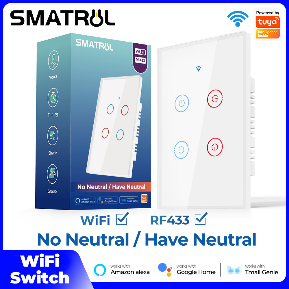 Công Tắc Wifi smatrul, công tắc thông minh ánh sáng RF433MHz, không cần dây trung tính, điều khiển từ xa, 1/2/3/4 gang kính 220V 120*72mm tuya/cuộc sống thông minh ứng dụng hẹn giờ điều khiển bằng giọng nói cho Google Home/Alex