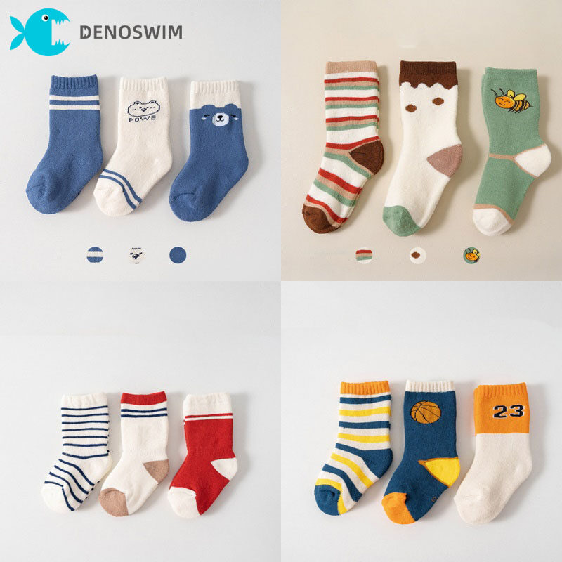 DENOSWIM 3Pairs Lot Autumn Winter Baby Socks Cartoon Bear Print Infant