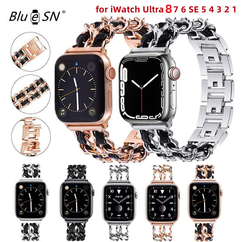 Luxury Combination Watch Band for Apple Watch Series 8 7 6 SE 5 4 3 2 1 Stainless Steel Chain With Leather Bracelet Strap for Apple Watch Ultra 49mm 42 44 45mm 40 38 41mm