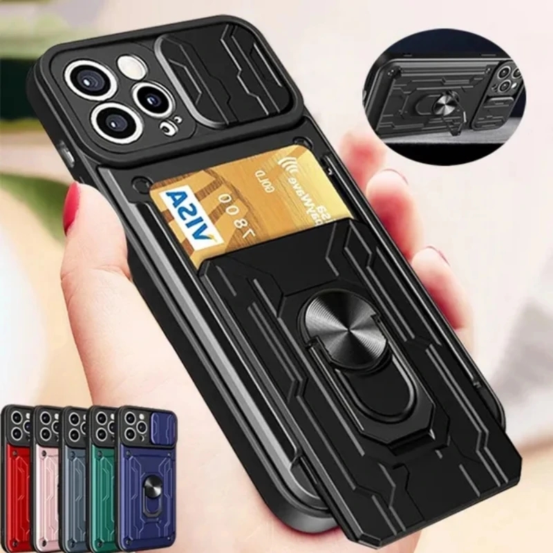 Trường hợp đối với iphone 15 14 13 pro cộng với 8 7 cộng với xr x xs se slide nhẫn đỡ máy ảnh bậc quân sự khe cắm thẻ bìa