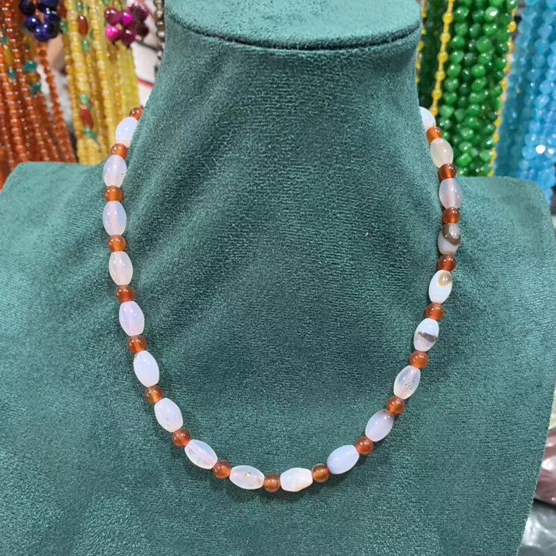 Vòng cổ mã não trắng tự nhiên vòng cổ đá chalcedony màu trắng ngọc trai hình đồng hồ vòng tay chuỗi hạt xương đòn ngắn vòng cổ