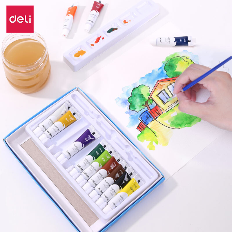 Deli 12/18 màu sơn màu nước bộ màu trẻ em với bảng cọ 73859