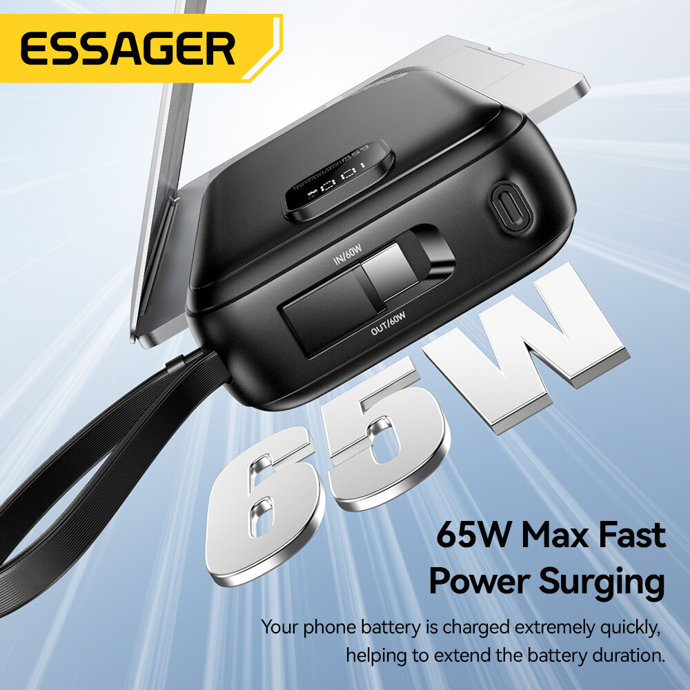 Essager Type-C 65W 20000mAh hiển thị kỹ thuật số sạc dự phòng S xách tay được xây dựng trong Loại C + Cáp Lightning Loại C Cổng sạc nhanh pd3.0 qc4.0 cho pd29w iphone16 15 14-5 iPad macbook 65W Huawei Xiaomi Samsung Máy Tính Bảng Máy tính xách tay sạc dự