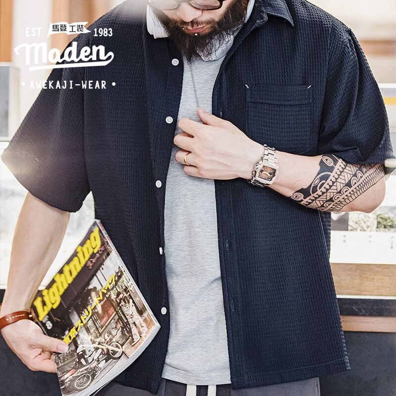 MADEN brand work style men young gentleman 2024 summer new American casual waffle short sleeved shirt with no iron and wrinkle resistant texture for boy breathable shirt