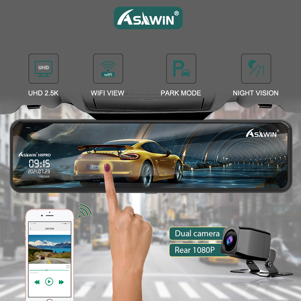 Asawin H9PRO-ST 2.5K-1080P Rear View Mirror Dash Cam Front and Rear For Car Camera Dual Lens 11 Inch IPS Touch Screen ราคา 2,500 บาท*ส่งฟรี