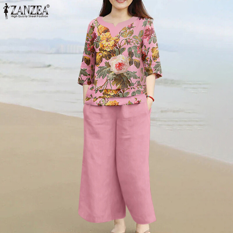 HijabFab ZANZEA Women's Floral Printed Sets 3/4 Sleeve Round Neck Top Blouse Wide Leg Straight Trouser Suit #0805 ราคา 411 บาท*ส่งฟรี