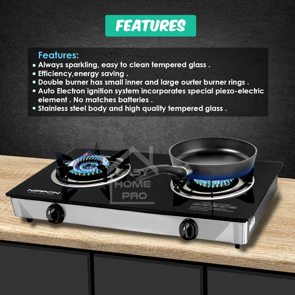 Noon Gas Range Double Burner Burner Stainless Steel Gas Stove
