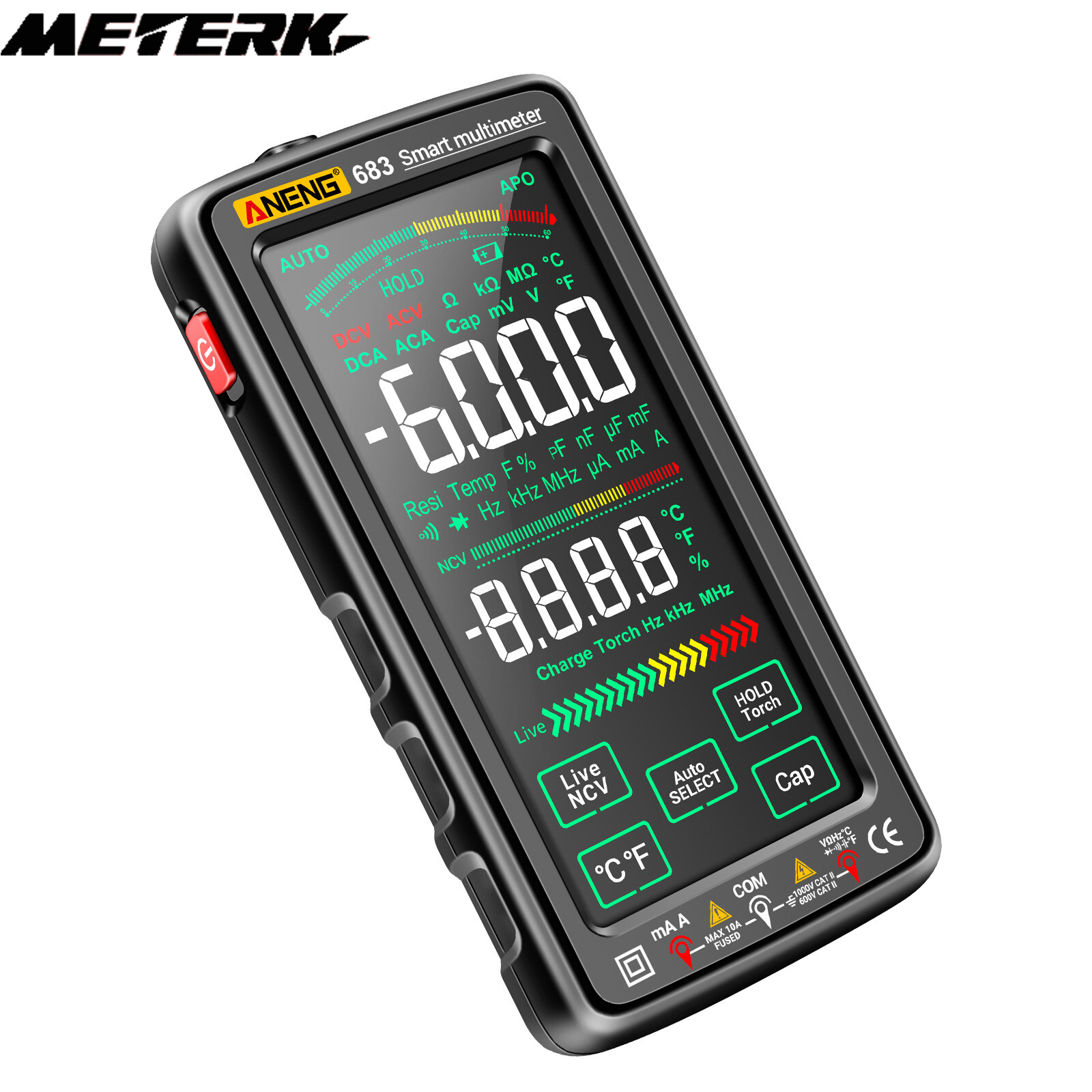 Meterk Đồng hồ vạn năng màn hình cảm ứng kỹ thuật số lớn 683 6000 đếm đồng hồ vạn năng thông minh có thể sạc lại chống cháy bộ dò ncv hiển thị ngược với đèn pin cho tần số nhiệt độ điện dung chống dòng điện áp