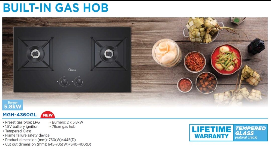 Midea Built-in Gas Hob with 5.8kW Burners MGH-4360GL With 4-Layers Premium  Tempered Glass | Lazada