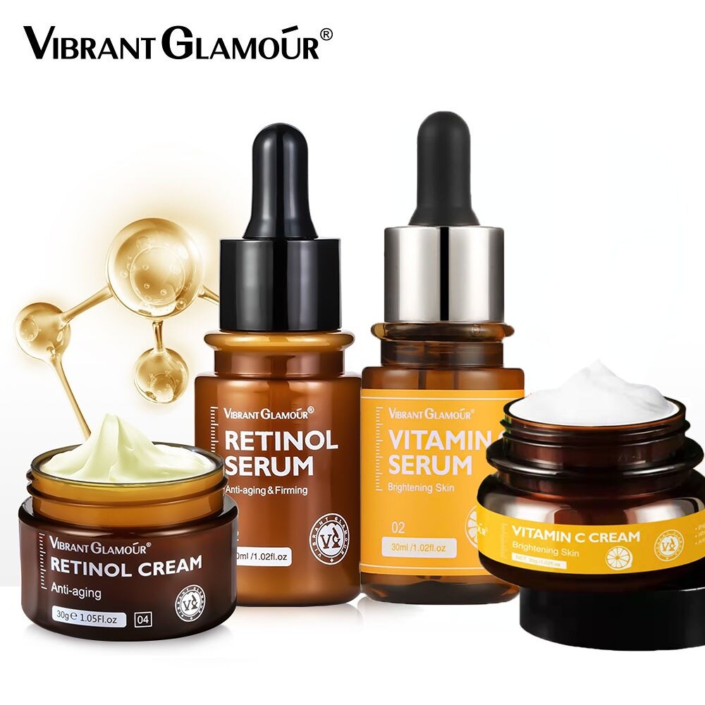 Gambar VIBRANT GLAMOUR Natural Retinol Sets Face Cream+Facial Serum+Vitamin C Serum+Vitamin C Cream with Hyaluronic Acid 2.5% Retinol Anti Aging Whitening Fine Lines Wrinkles 4 Pieces