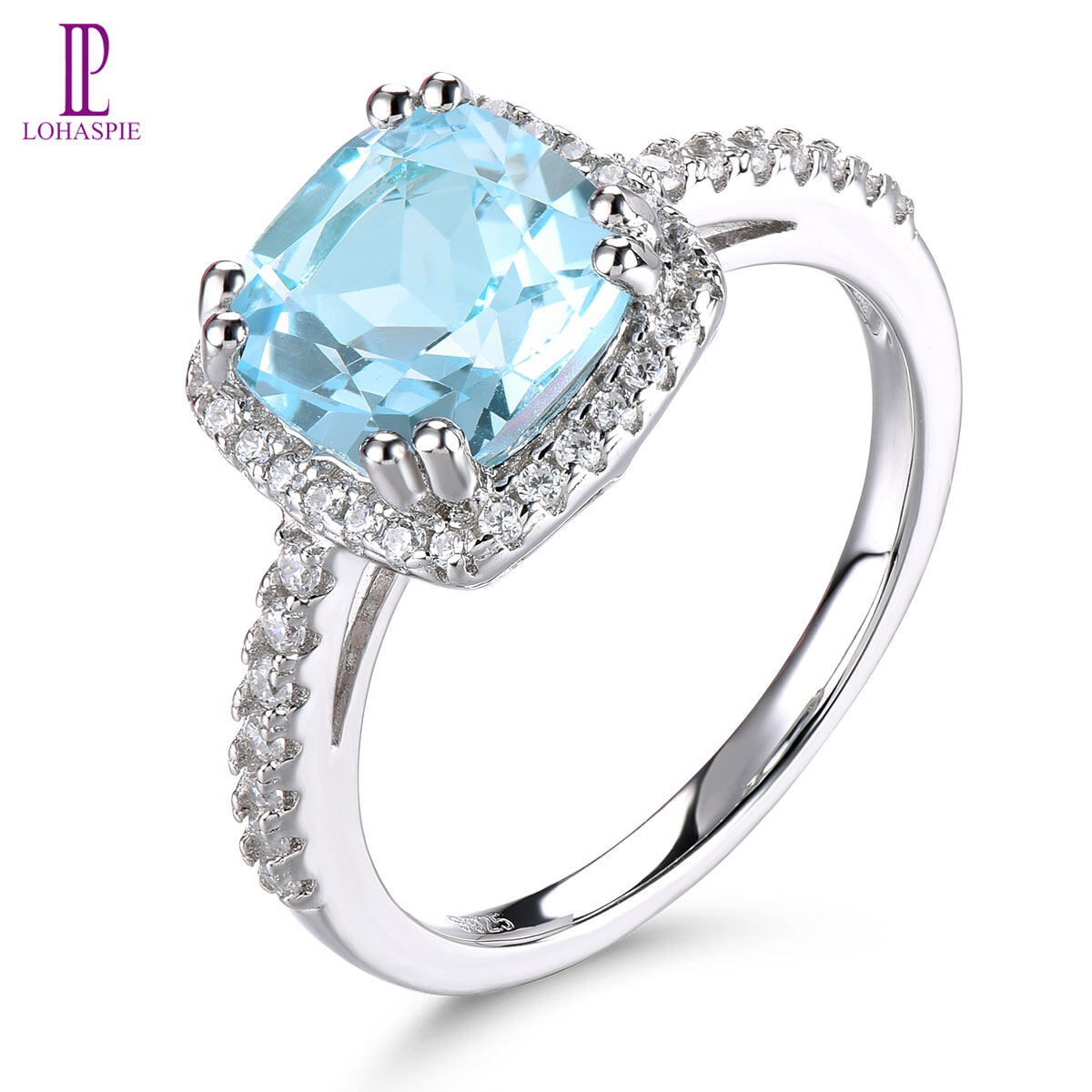 Lohaspie Đồ Trang Sức Bất 2.3 Carats Nhẫn Bạc 925 Ban Đầu Bán Tự Nhiên Bầu Trời đá topaz xanh dương Nhẫn 925 Bạc Engagement Ring Birthstone Nhẫn Cho trang sức nữ