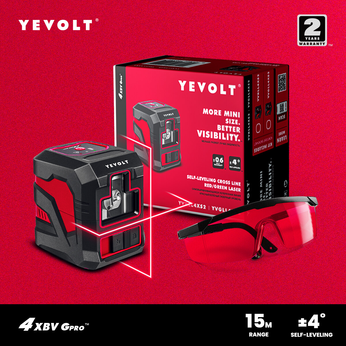 YEVOLT YVRLL4XS2-G Cross Line Laser Level Red Beam 2 Line Tự cân bằng độ cao Tầm nhìn cao với Kính Dụng cụ đo