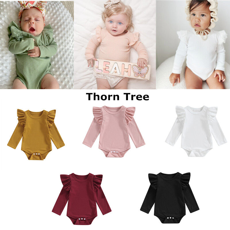 Thorn Tree Baby Girl Fall Romper Ruffle Long Sleeve Crew Neck Solid Color