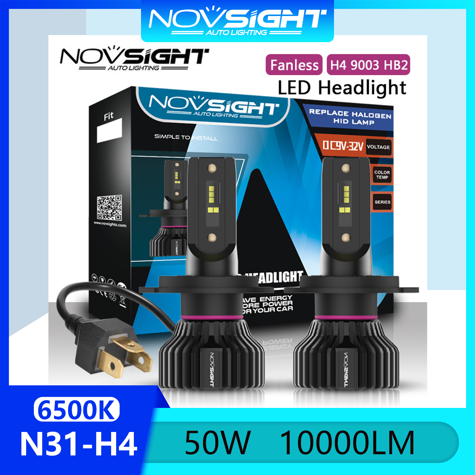 Novsight N31 9003 HB2 H4 LED Headlight Bulb 6500K White Super Bright LED Lights for Car High/Low Beam Fog Light 50W 10000LM Plug&Play Ready Stock 2 PCS 2 Years Warranty Free Shipping Giá 633,920 Đồng*Miễn phí vận chuyển