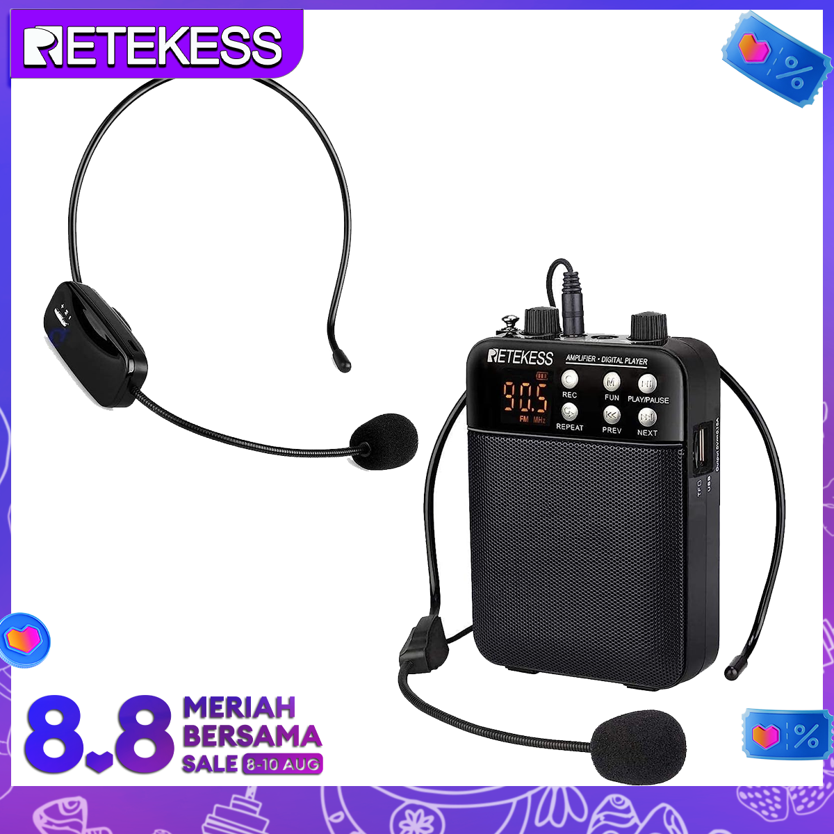 Retekess Micro Không Dây Đài FM Máy Nghe Nhạc MP3 Mic VE Áo Ghi Âm Bộ Khuếch Đại Giọng Nói Cho Giáo Viên, Huấn Luyện Viên, Hướng Dẫn Viên Du Lịch, Nhà Quảng Bá