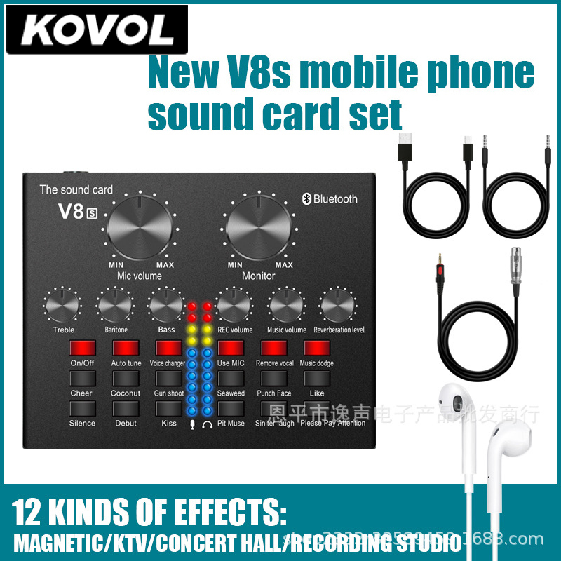 Kovol card âm thanh livestream tiếng anh v8s micro điện dung nâng cấp mic âm thanh tai nghe usb với 12 hiệu ứng âm thanh kèm theo bluetooth card âm thanh v8s