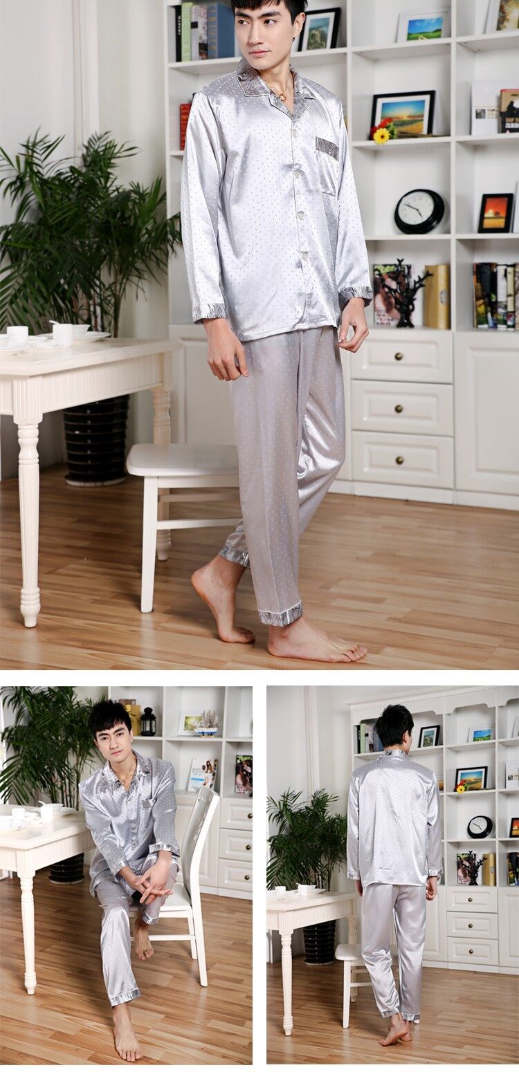 Đồ ngủ xuân và mùa hè bộ đồ ngủ lụa hè mặc cho đàn ông bộ đồ ngủ dài Sleeve Silk