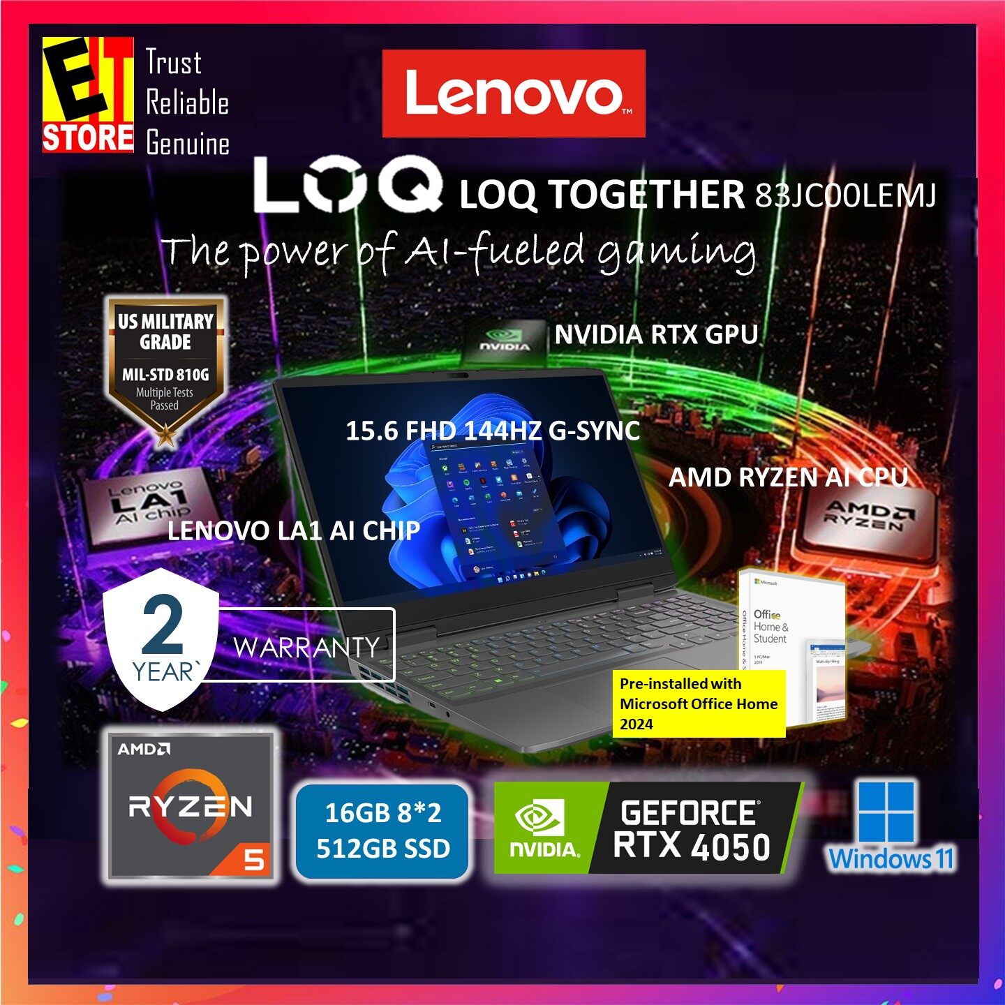 LENOVO LOQ AI 83JC00LEMJ GAMING LAPTOP (RYZEN 5 7235HS /16GB /512GB SSD/RTX4050 6GB/15.6 FHD 144HZ G-SYNC /OFFICE HOME 2024/ L1 AI CHIP/ W11/BAG/2Y)
