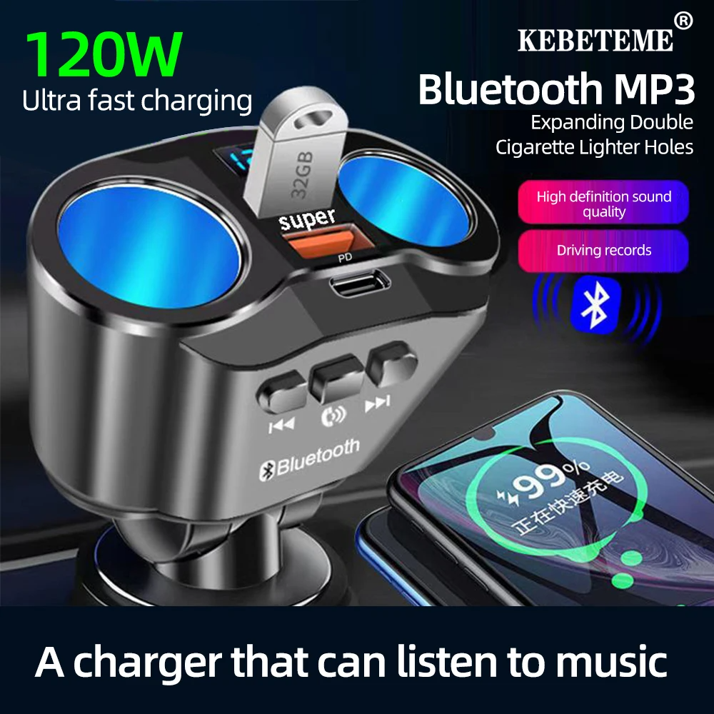 KEBETEME Car Charger MP3 Bluetooth FM Music Player QC3.1 4.8A Fast Charge Dual USB 12V-24V Charger With Two Conversion Plug ราคา 87 บาท*ส่งฟรี