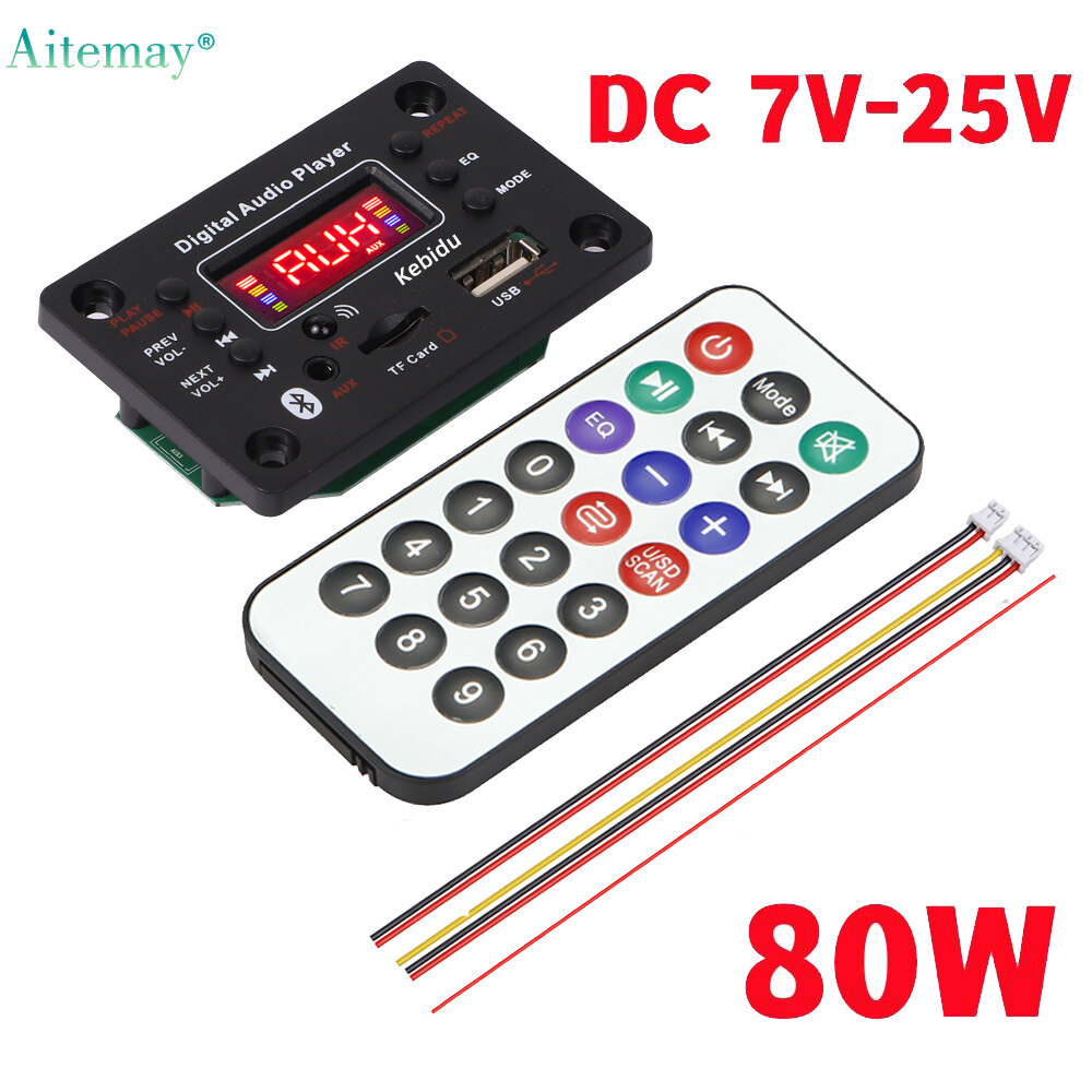 Aitemay 80w bluetooth 5.0 bảng mạch giải mã mp3 dc 12v rảnh tay mp3 âm nhạc máy nghe nhạc xe fm đài phát thanh usb tf aux ghi thư mục chuyển đổi