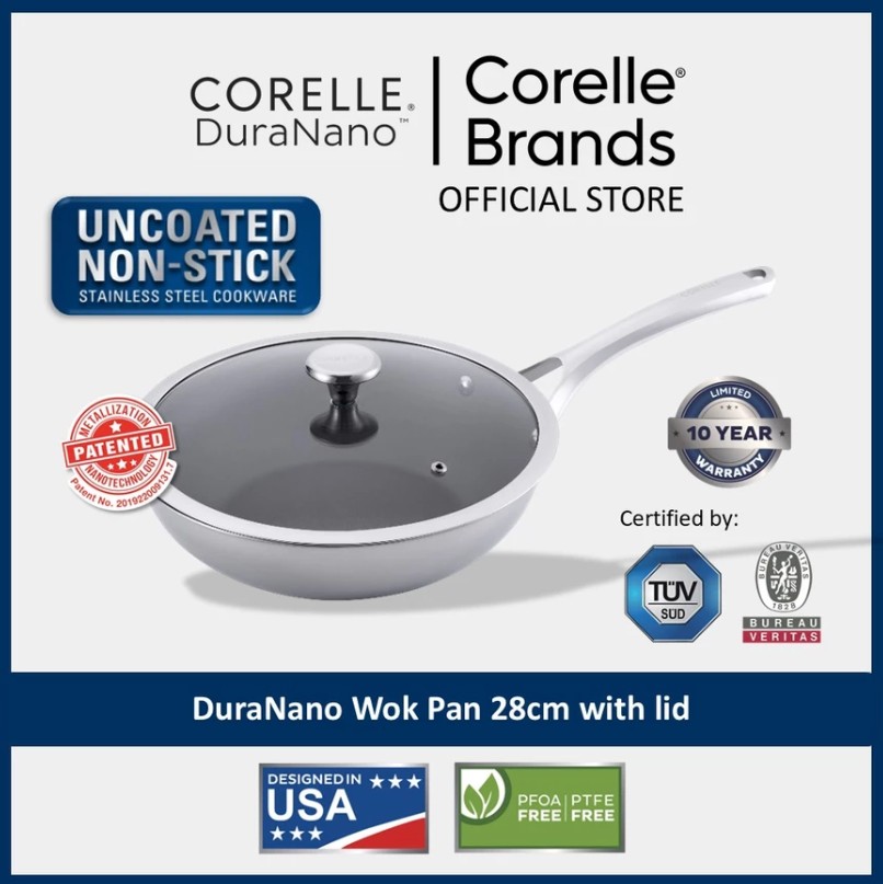 調理器具 CORELLE DuraNano 24cm Wok Pan Corelle DuraNano 28cm Wok Pan with Lid - Uncoated Non-Stick