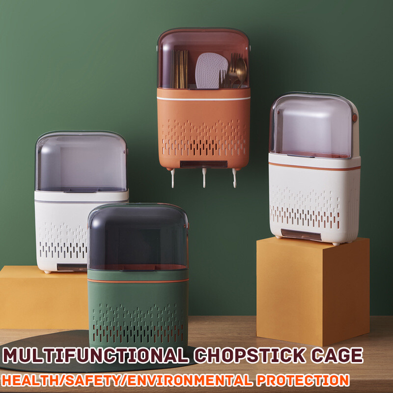 Gambar Double layer Chopsticks Tube Drain Suction Cup Chopsticks Cage Home Wall mounted Kitchen Multi functional Punch free Plastic Chopsticks Holder