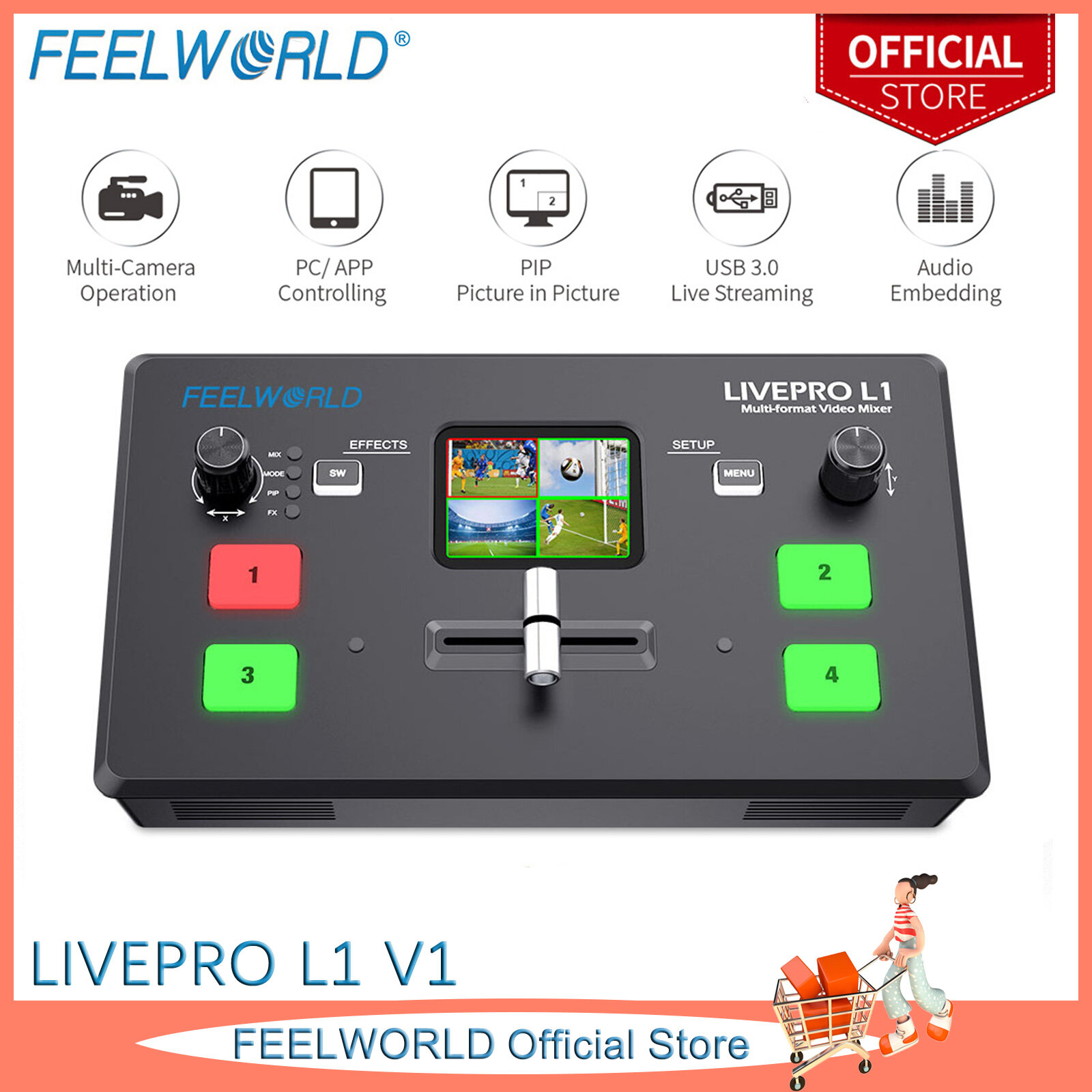 FEELWORLD LIVEPRO L1 V1 Multi Camera Video Mixer Switcher 2 Inch LCD Display 4 x HDMI Inputs USB 3.0 Output Format Real Time Production Live Streaming - ยี่ห้อ SEETEC ราคา 9,655 บาท*ส่งฟรี