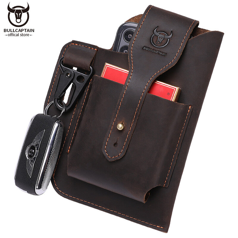 BULLCAPTAIN High Quality Leather Waist Bag Men s Outdoor Sports Cell Phone