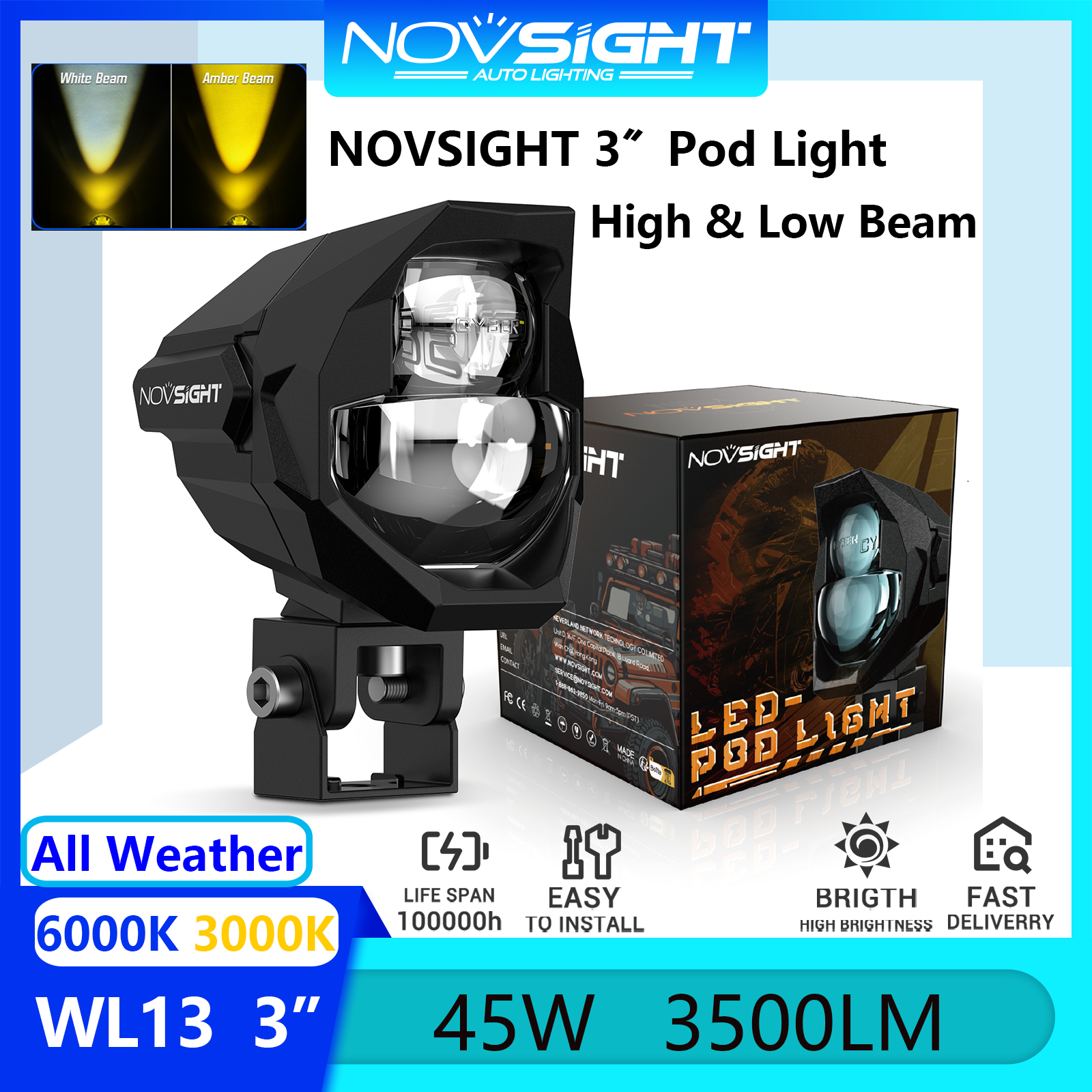 Novsight All Weather Dual Color 3 Inch Motorcycle Off-road Round Light Bar LED Pod lights High Beam & Low Beam Beam 6500K 3000K 45W 3500LM Super Bright Free Shipping