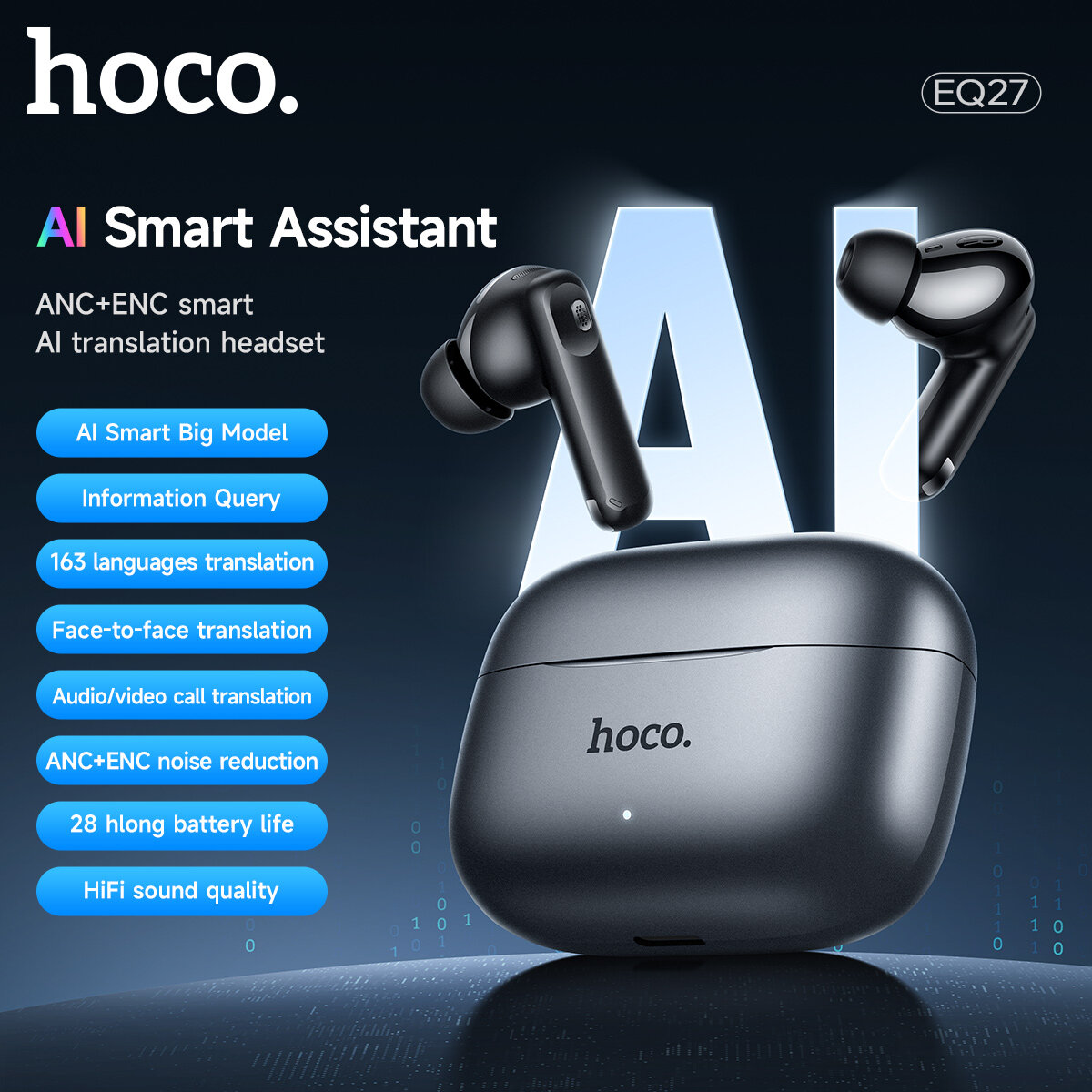2025 Hoco Eq27 Ban Đầu 100% Thông Minh AI Dịch TWS tai nghe gắn tai không dây Bluetooth 5.4 khử tiến