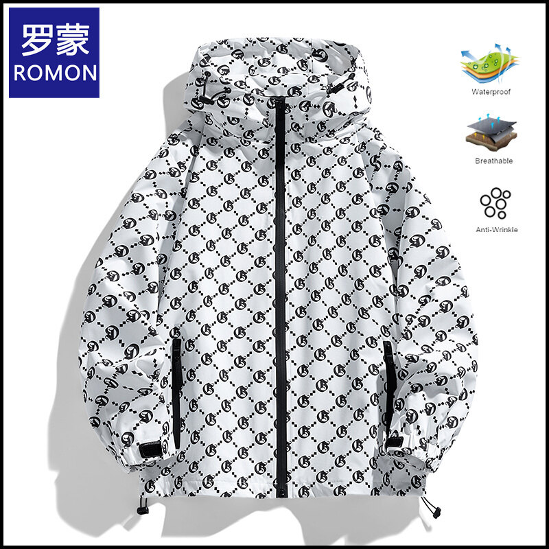 ROMON High-quality Long-sleeved Spring and Autumn Printed Letters Windproof and Rainproof Stand Collar Loose Trend Jacket Coat Clothes Men ราคา 557 บาท*ส่งฟรี