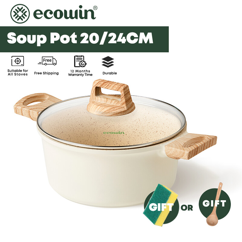 Gambar Ecowin Cookware Non Stick Casserole Stock Soup Pot 20 24CM With Lid Ceramics Mainfan Stone Coating Free of PFOA PTFE Suitable for All Stoves Gas Induction Pan Including Free Gift Wooden Spatula Family Daily Use