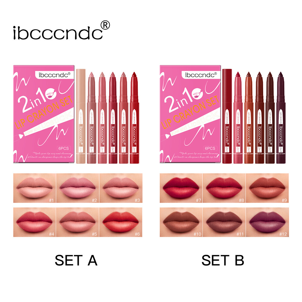 Ibcccndc 6 cái/bộ chuyên nghiệp Son sáp Longlasting Son môi & môi lót 2 trong 1 Son môi bút chì màu sắc cao Matte không thấm nước Lady đôi môi quyến rũ lót đường viền trang điểm son môi với bút chì shapener