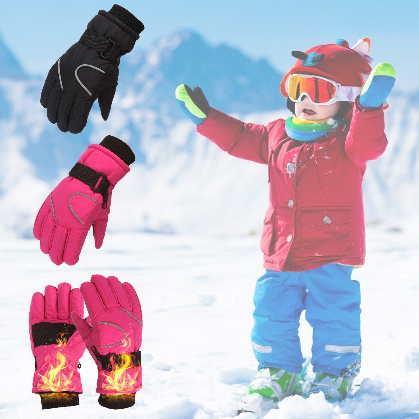 Kids Winter Ski Gloves Blue Waterproof Anti Slip Plush Lined Thermal Snowboard Gloves for Children Boys Aged 4-8 