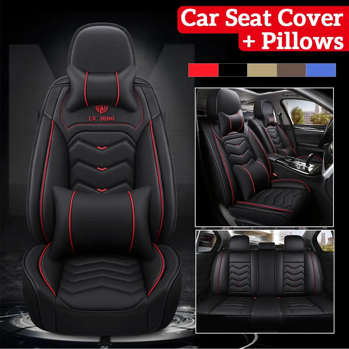 6D Luxury Universal PU Leather 5-Seats Car Seat Covers Cushion Front+Rear Pillow