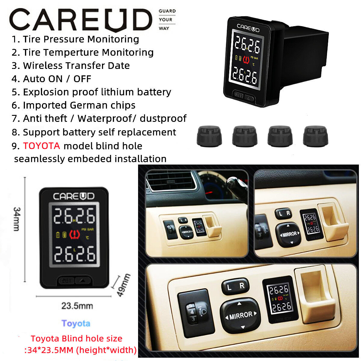 CAREUD U912-WF External TPMS Car TPMS Car Tire Pressure Monitoring Systems For Toyota Blind Hole Slot Require Size 34*23.5 (Height * Width) ราคา 3,199 บาท*ส่งฟรี