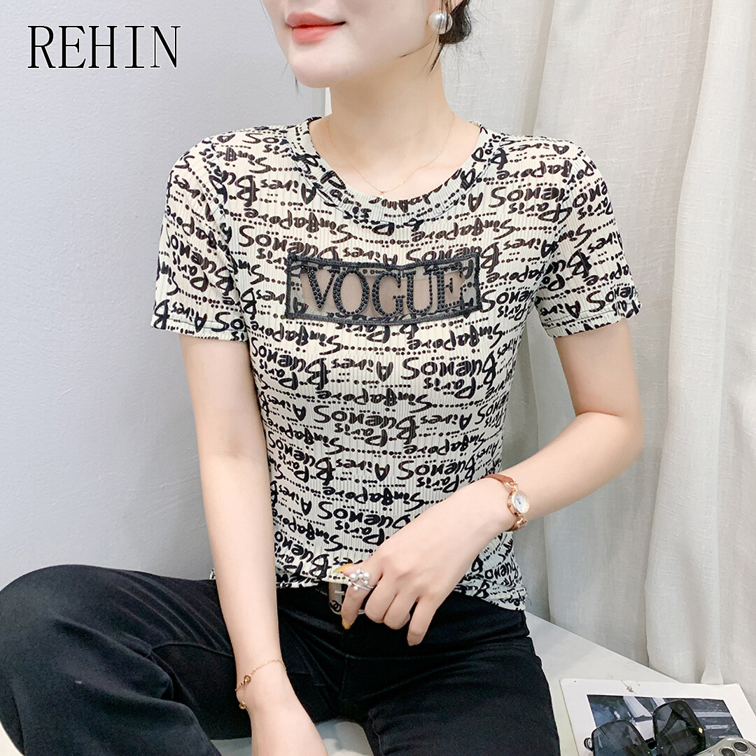 Rehin lưới mùa hè in chữ cái Rhinestone t-shirt cổ tròn Hollow kẻ sọc ngắn tay thoáng khí giản dị hà