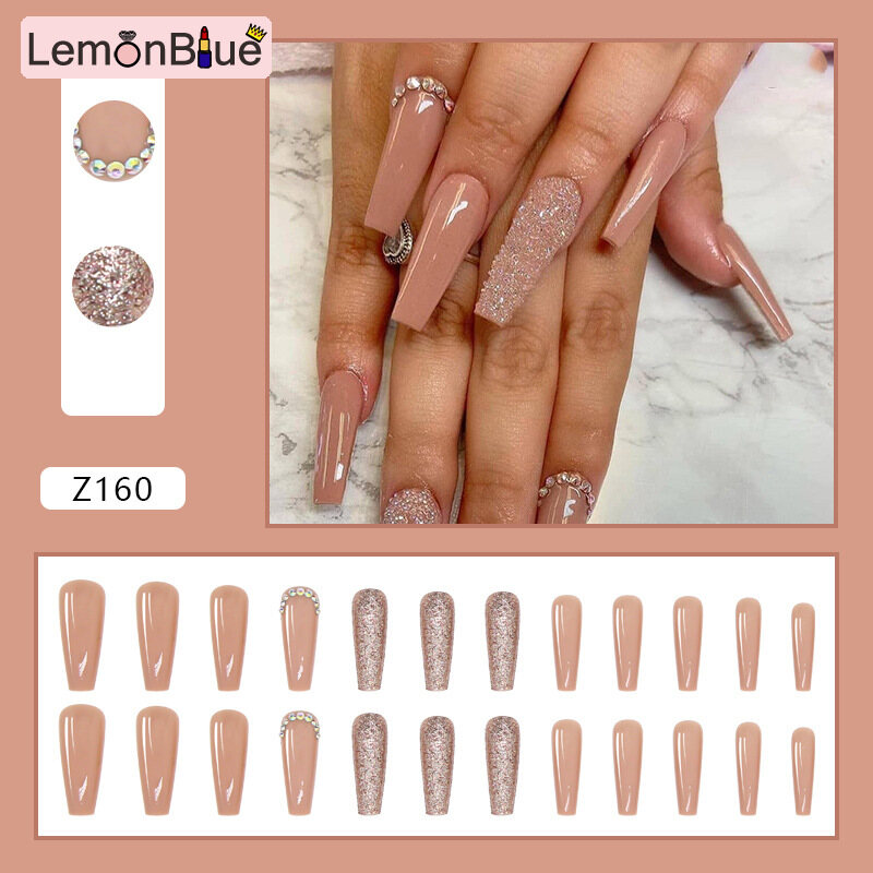 Gambar LemonBlue 24PCS Shiny Crystals Nail Patch Sweet Style Glue Type Removable Long Paragraph Manicure Save Time False Nail Patch